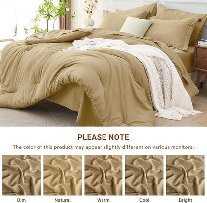 MUXHOMO 7 Pieces Full Comforter Set, Soft Bed in a Bag Full Size, All Season Bedding Set with Comforter, Flat Sheet, Fitted Sheet, Pillowcases & Shams, Khaki