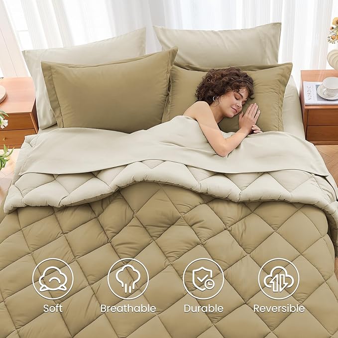 MUXHOMO 7 Pieces Queen Comforter Set, Reversible Bed in a Bag Queen Size, All Season Bedding Set with Comforter, Flat Sheet, Fitted Sheet, Pillowcases & Shams, Khaki & Linen