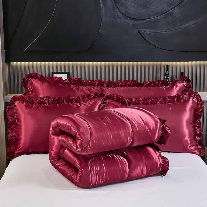 Silk Like Queen Comforter Satin Bedding 4 Pcs Hotel Soft Polyester Burgundy Bed Set Luxury Silky Body Pillow Cover Ruffle Home Decor