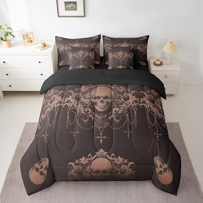 Erosebridal Gothic Bed in a Bag Queen Comforter Set 7 Piece,Goth Sugar Skull Clay Brown Damask Bedding Set,Bohemian Vintage Floral Comforter and Sheet Set,Exotic Antique Victorian Baroque Decor