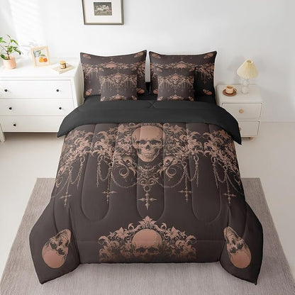 Erosebridal Gothic 7 Piece Comforter Set Full Bed in a Bag,Goth Sugar Skull Clay Brown Damask Bedding Set,Bohemian Vintage Floral Comforter and Sheet Set,Exotic Antique Victorian Baroque Decor