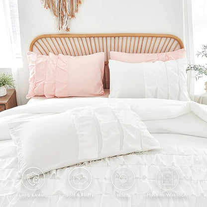 PERFEMET White Twin Comforter Set, 3 Pieces Ruffled Comforter Sets Boho Vintage Farmhouse Shabby Chic Bedding, All Season Soft Lightweight Bed Set for Bedroom (White,Twin)