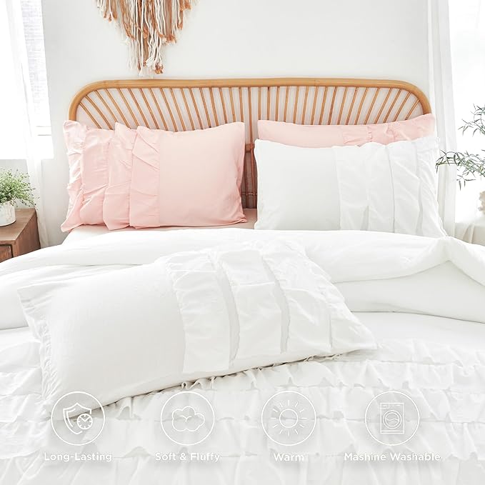 PERFEMET White Ruffle Bedding Queen 3 Pieces (1 Comforter and 2 Pillowcases), Multi Layers Ruffled Boho Comforter Set, Washed Microfiber Farmhouse Bedding Set (White,Queen)