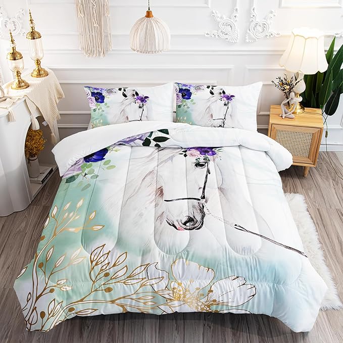 Floral Kid Galloping Horse Comforter Set Twin Animal Theme Handsome Horse Bedding Set Decorated with Green and Gold Leaves for Boys Girls Adult, 1 Comforter + 2 Pillowcases