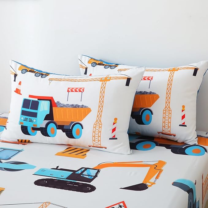7 Pieces Boys Comforter Set Queen Size Excavator Bedding Set Cartoon Car Kids Bed in a Bag Construction Truck Bedding for Children Kids Boys Teens for Birthday Choice