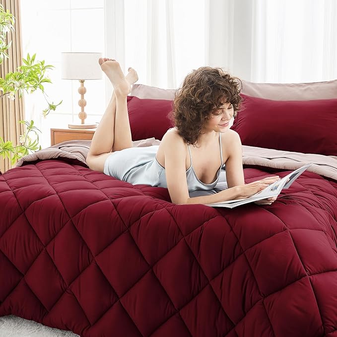 MUXHOMO 7 Pieces Queen Comforter Set, Reversible Bed in a Bag Queen Size, All Season Bedding Set with Comforter, Flat Sheet, Fitted Sheet, Pillowcases & Shams, Burgundy & Rose Gold