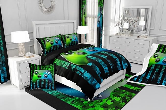 Gamer Comforter Set King Kids Boys Teens USA Flag Stars Down Comforter Gaming Comforter Gamer Room Decor Camo Video Game Bedding Set, Gamepad Console Duvet, Youth Young Man Quilt, Grunge Style