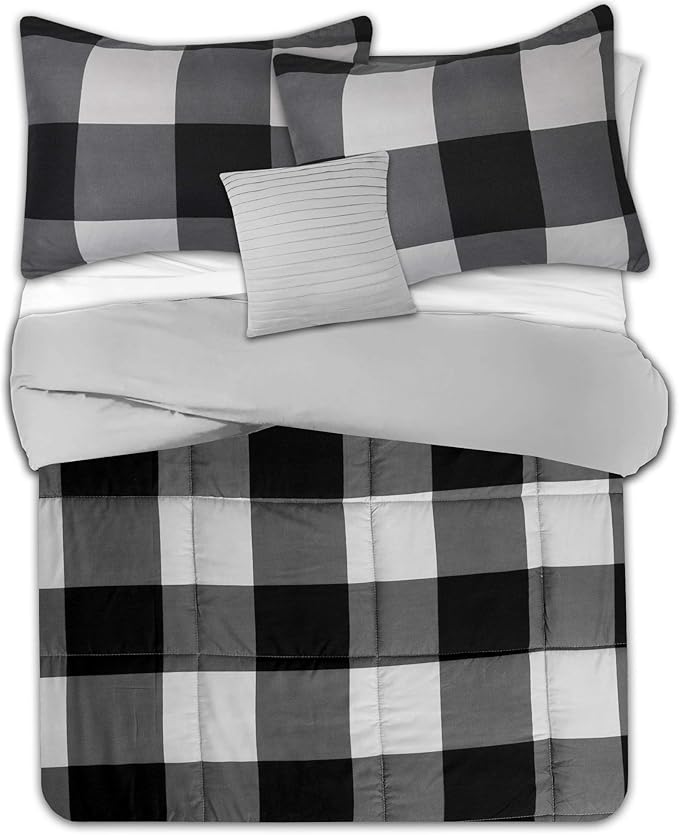7 Piece Comforter Set Bag Solid Color All Season Soft Down Alternative Blanket & Luxurious Microfiber Bed Sheets, King, Buffalo Plaid Black/Gray
