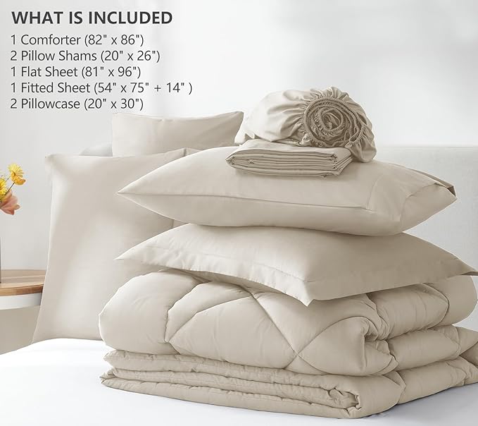CozyLux Full Size Comforter Sets Oatmeal - 7 Pieces Bed in a Bag Full, Luxury Soft Bed Set for All Seasons, Bedding Set with Down Alternative Comforter, Sheets, Pillowcases & Shams
