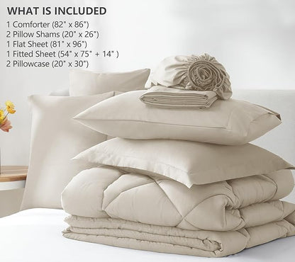 CozyLux Full Size Comforter Sets Oatmeal - 7 Pieces Bed in a Bag Full, Luxury Soft Bed Set for All Seasons, Bedding Set with Down Alternative Comforter, Sheets, Pillowcases & Shams