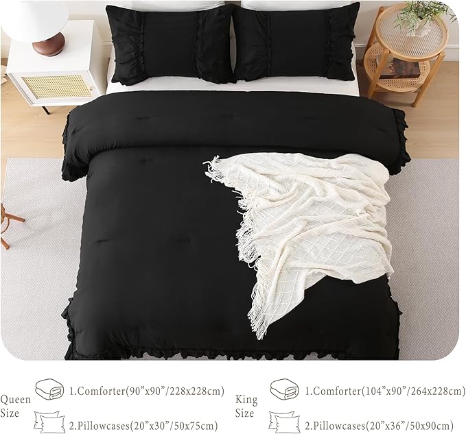 Herside Black Ruffle Comforter Set Queen Size,Shabby Chic Boho Bedding Sets, Soft Fluffy Comforters Sets for All Season,Vintage Ruffled 3 Pcs Microfiber Lightweight Quilt Set for Women Girls
