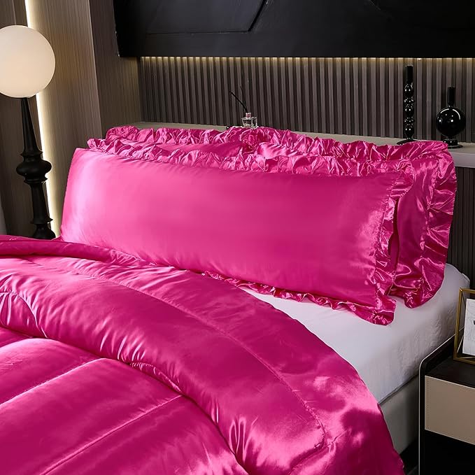 Hot Pink Queen Comforter Set Silk Like Satin Bedding Set 4 Pcs Hotel Soft Polyester Satin Bed Set Luxury Silky Body Pillow Cover Ruffle Down Comforter Home Decor
