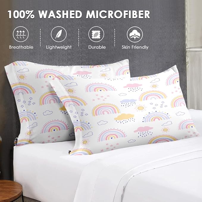 Queen Size Comforter Set with 2 Pillowcases, Pink Rainbow Kids Nursery Soft 3 Pcs Bedding for Kids and Adults Bedroom Bed Decor