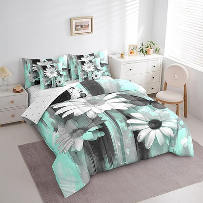 Feelyou Girls Daisy Flower Comforter Set with Sheets Queen Size 7 Pieces Kids Butterfly Floral Bedding Set for Boys Women Teens Teal Black Simple Modern Abstract Art Bed in a Bag Room Decor