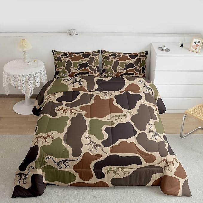 Erosebridal Camo Dino Comforter Set Toddler Size Army Camouflage Bedding Set for Kids Boys Girls Dinosaur Skeleton Farmhouse Green Comforter Boys Vintage Hunting Theme Quilt Bedroom Decor