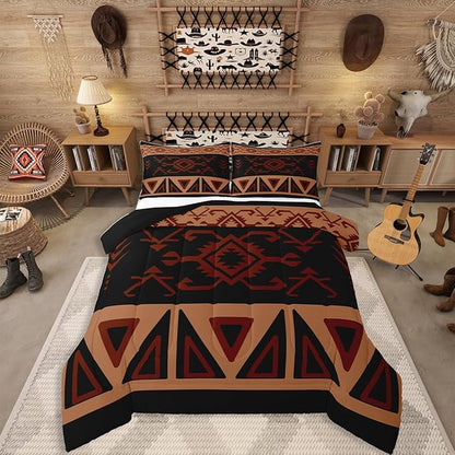 Erosebridal Boys Toddler Rustic Western Comforter Set, Southwestern Aztec Bedding Set for Teens Men Bedroom, Exotic American Native Quilt Vintage Bohemian Geometric Bedding Comforter Sets,Brown Black
