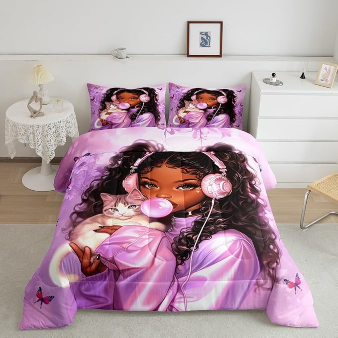 Manfei Black Princess Kids Comforter Set King Size,Cartoon Cat Cute Animal Pet Bedding Set,Girls Women Room Decor,African American Theme Girl Down Comforter,Purple Romantic Duvet Insert,2 Pillowcases