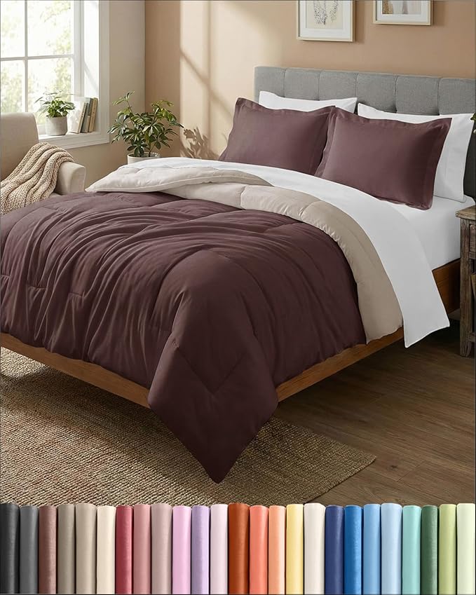 King Comforter Set - 3 Piece Bed Set for All Seasons - 1 Soft Quilted Comforter with Corner Tabs & 2 Pillow Shams - Comfy & Breathable - Premium Down Duvet Insert - Oeko-TEX - King Size, Brown/Beige