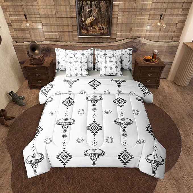 Erosebridal Bull Skull 7 Piece Bedding Set King Boho Comforter Set with Sheets Aztec Horseshoe Arrow Southwest Geometric Bed in a Bag Cowboy Hat Dot Western White for Teens Men Women
