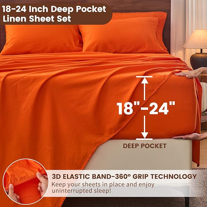 Bedlifes 100% French Linen Sheets California King Size 18-24" Extra Deep Pocket 4-Piece Set Breathable & Moisture-Wicking,Soft & Durable Sheets for Thick Mattresses(Orange)