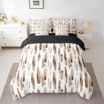 Erosebridal 7Pcs Brown and White Geometric Twin Comforter Set for Kid Teens Adults,Modern Abstract Striped Bedding,Boho Graffiti Watercolor Boho Bed in A Bag for Men,Contemporary Aesthetic Art Quilt