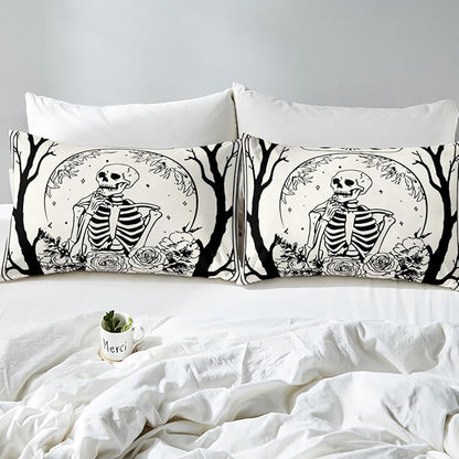 Erosebridal Halloween Gothic Skull Comforter Set Queen, Goth Skeleton Bedding Set for Kids Teens Youth Women Men Vintage Halloween Decor, Gothic Floral Comforter, Sun and Moon Quilt