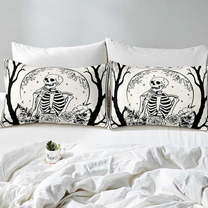 Erosebridal Halloween Gothic Skull Comforter Set King, Goth Skeleton Bedding Set for Kids Teens Youth Women Men Vintage Halloween Decor, Gothic Floral Comforter, Sun and Moon Quilt