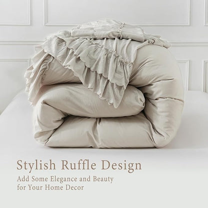 Herside Beige Ruffle Comforter King Size,Shabby Chic Boho Bedding Set,2 Layers Ruffles Fluffy Vintage Comforter Home Decor,Farmhouse 3 Pcs Microfiber Lightweight Quilt Set for Women Girls