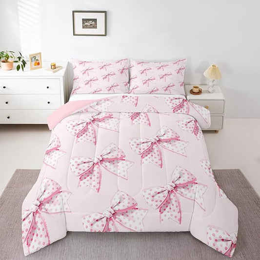 Erosebridal Girls Pink Bow Bedding Set Cute Dot Bowknot Comforter Set King Size for Kids Teen Women,Dreamy Princess Style Bedding Comforter Set Kawaii Cartoon Butterfly Knot Quilt 2 Pillow Cases