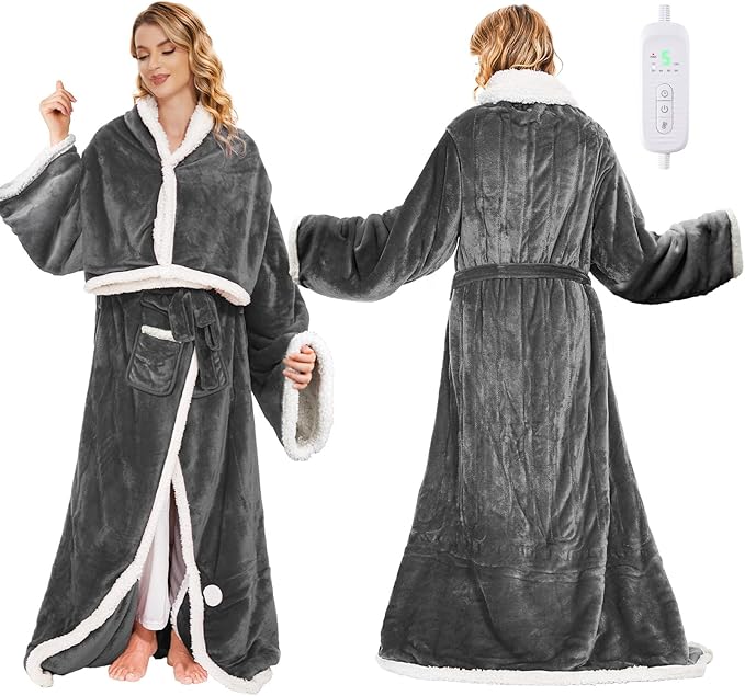 Electric Heated Blanket - Wearable Heated Blanket Throw with Foot Pockets, Sleeves Flannel & Sherpa Wearable Blanket 8 Heating Levels & Timer Snuggle Blankets for Home Office -50*60" Robes for Women