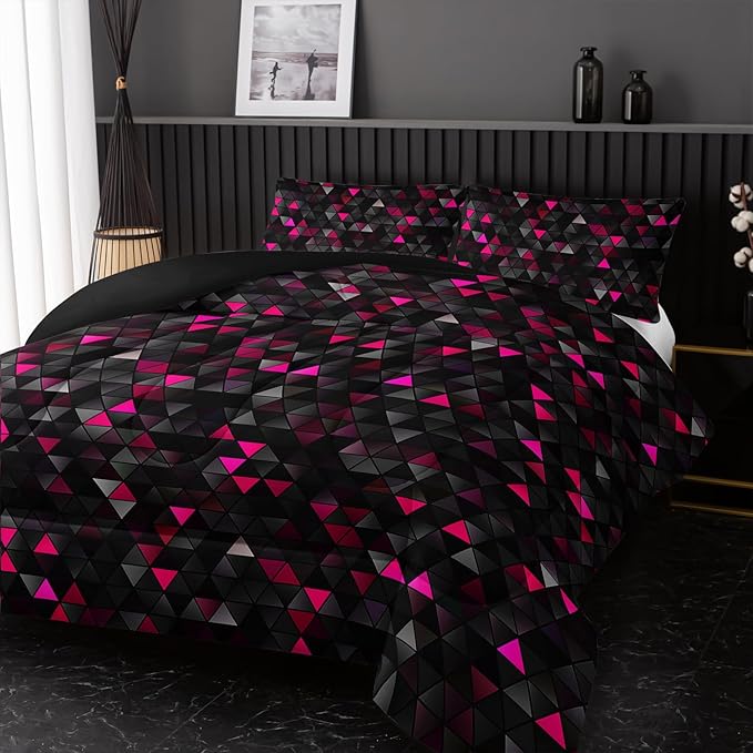 Geometric Pink Black Comforter Set,Triangle Honeycomb 3 PCS Bedding Set Twin Size for Teen Adult,Modern Quilt Set Geometry Decor,Microfiber Lightweight 1 Comforter 2 Pillowcases