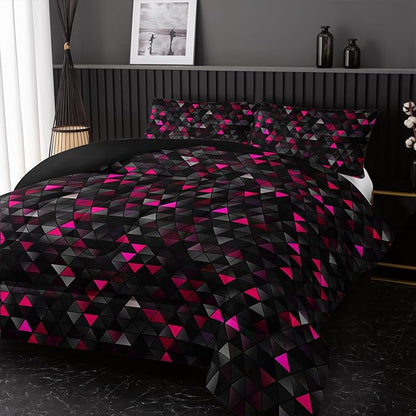 Geometric Pink Black Comforter Set,Triangle Honeycomb 3 PCS Bedding Set Queen Size for Teen Adult,Modern Quilt Set Geometry Decor,Microfiber Lightweight 1 Comforter 2 Pillowcases