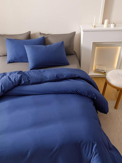 Houseri Royal Blue Comforter Set Queen Neutral Navy Bedding Men Women Japanese Style Solid Blue Vintage Farmhouse Bed Sets Queen Size
