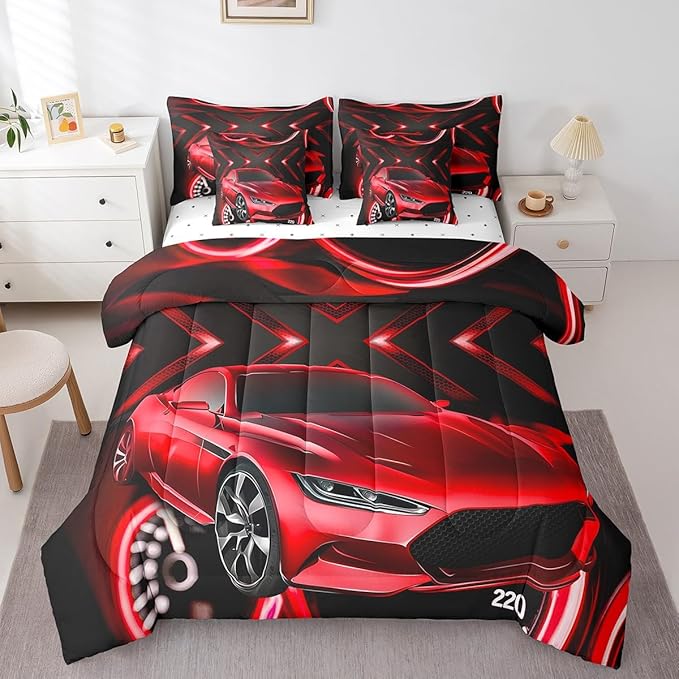 Erosebridal Red Racing Car 7 Piece Comforter Set,Sports Car Theme Bed in a Bag with Flat Sheet and Fitted Sheet,Extreme Sport Down Comforter,Speed Automobile Bedding Set with Pillowcase & Sham,Twin