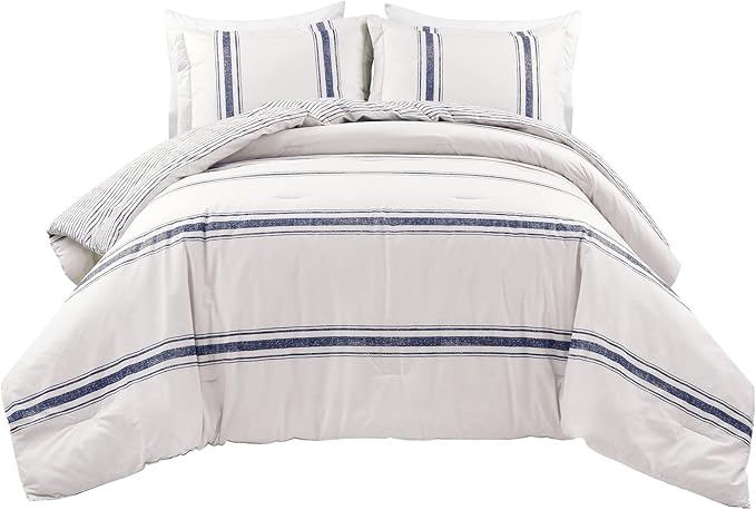 Lush Decor Farmhouse Stripe Reversible Cotton Comforter Set, 3 Piece Set, California King, Navy - Cozy Farmhouse Bedding Set - Rustic Decor - Striped Comforter - Modern Farmhouse Bedroom Decor