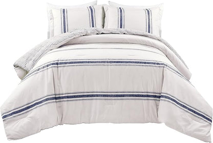 Lush Decor Farmhouse Stripe Reversible Cotton Comforter Set, 3 Piece Set, California King, Navy - Cozy Farmhouse Bedding Set - Rustic Decor - Striped Comforter - Modern Farmhouse Bedroom Decor