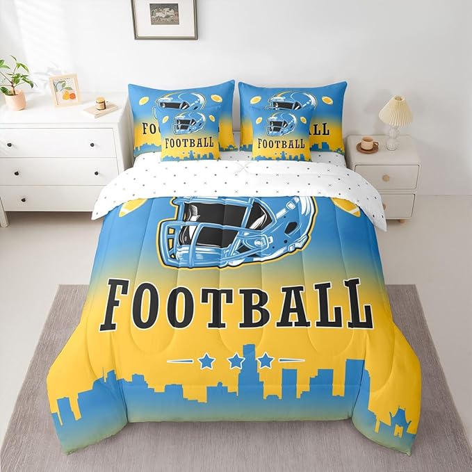 Erosebridal American Soccer 7 Pcs Bedding Set Queen Boys Football City Comforter Set with Sheets Sports Rugby Competitive Games Bed in A Bag Blue Yellow Bed Set for Kids Teen Adults