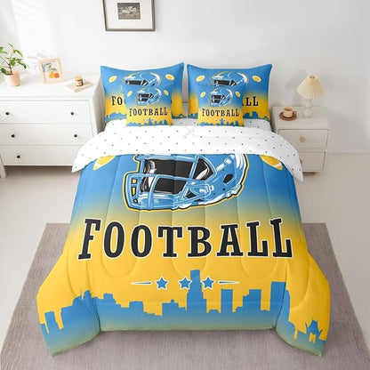 Erosebridal American Soccer 7 Pcs Bedding Set King Boys Football City Comforter Set with Sheets Sports Rugby Competitive Ball Games Bed in A Bag Blue Yellow Bed Set for Kids Teen Adults