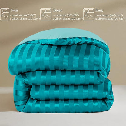 Whale Flotilla 2-Piece Reversible Silky Soft Twin Size Comforter Set, Luxury Stripe Satin Comforter Bedding Set with Satin Pillowcase, Lightweight Duvet Set for All Seasons, Turquoise