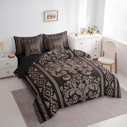 Comforter Set Full Size, Chocolate Brown Damask Aztec 7 Pcs Bedding for Kids Adults, Antique Decor Western Baroque Gothic Bed Sheet Sets with Fitted Sheet 2 Pillowcases & 2 Shams for Bedroom Bed Decor