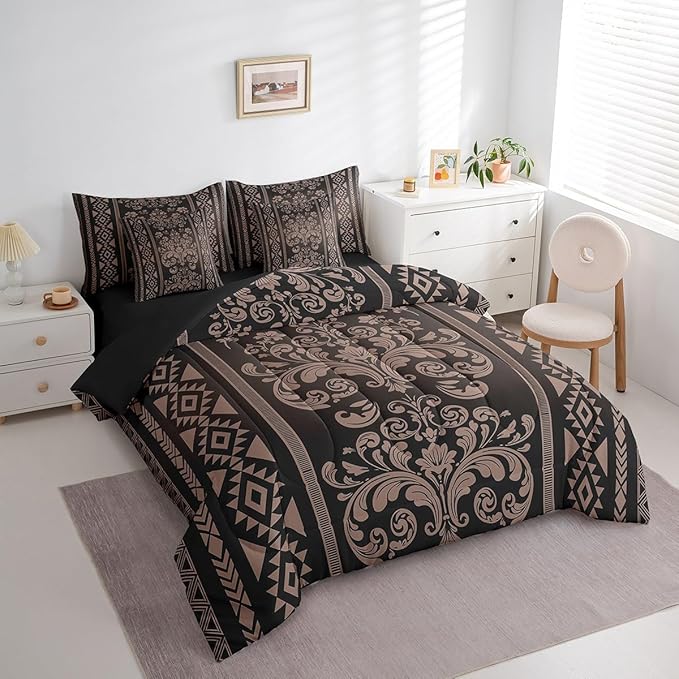 Comforter Set Twin Size, Chocolate Brown Damask Aztec 7 Pcs Bedding for Kids and Adults, Baroque Western Gothic Floral Bed Sheet Sets with Fitted Sheet 2 Pillowcases & 2 Shams for Bedroom Bed Decor