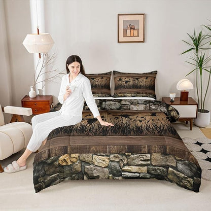 Erosebridal Mallard Duck Hunting Toddler Size Comforter Set Farmhouse Lodge Bedding Set Rustic Cabin Bedding Comforter Sets,Brown Country Wooden Stone Quilt 2 Pcs