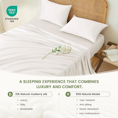 THXSILK Luxury Mulberry Silk Bed Sheets Set - 4pcs Silk Sheets Set 16" Deep Pocket - 1 Fitted Sheet, 1 Flat Sheet, 2 Pillowcases with Zipper Closure - Calfornia King, White