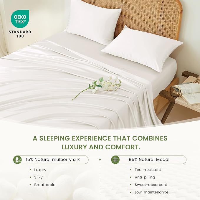 THXSILK Luxury Mulberry Silk Bed Sheets Set - 4pcs Silk Sheets Set 16" Deep Pocket - 1 Fitted Sheet, 1 Flat Sheet, 2 Pillowcases with Zipper Closure - Full, White