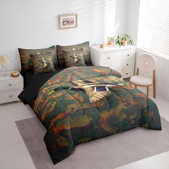 Erosebridal Mallard Duck King Size Comforter Set with Sheets | Duck Camo 7-Piece Bedding Set Mens Country Bed in a Bag, Farmhouse Woodland Animals Bed Sets,Abstract Camouflage Cabin Hunting Decor