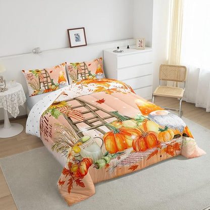 Erosebridal Happy Fall Gnomes Bedding Set Thanksgiving Pumpkin Comforter Set King Fall Home Room Decor,Autumn Natural Harvest Season Quilt Duvet,Rustic Maple Leaf Sunflower Comforter 2 Pillow Cases