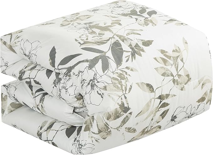 Chezmoi Collection Julia 3-Piece Floral Comforter Set, King - Multicolor Taupe-Green Gray White Floral Leaves Printed Microfiber Lightweight Bedding Set for All Season