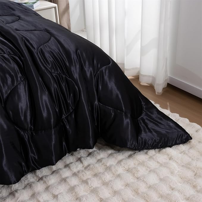 A Nice Night 5PCS Satin Silky Soft Quilt Luxury Super Soft Microfiber Bedding Thin Comforter Set Queen,Black