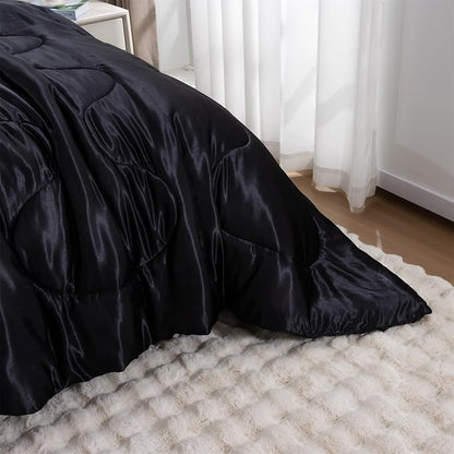 A Nice Night 5PCS Satin Silky Soft Quilt Luxury Super Soft Microfiber Bedding Thin Comforter Set Queen,Black