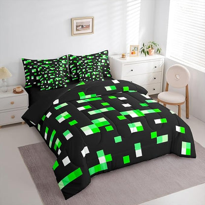 Castle Fairy Green Miner Grid Comforter Sets - 7 Pieces Full Size,Pixelated Blocks All Season Reversible Bed in a Bag Geometric Square Bedding Set Pixel Theme Flat Sheet,Fitted Sheet,Pillowcases